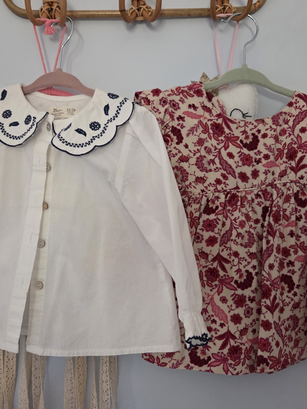 Girls White Button-Up Top with Navy Embroidered Collar